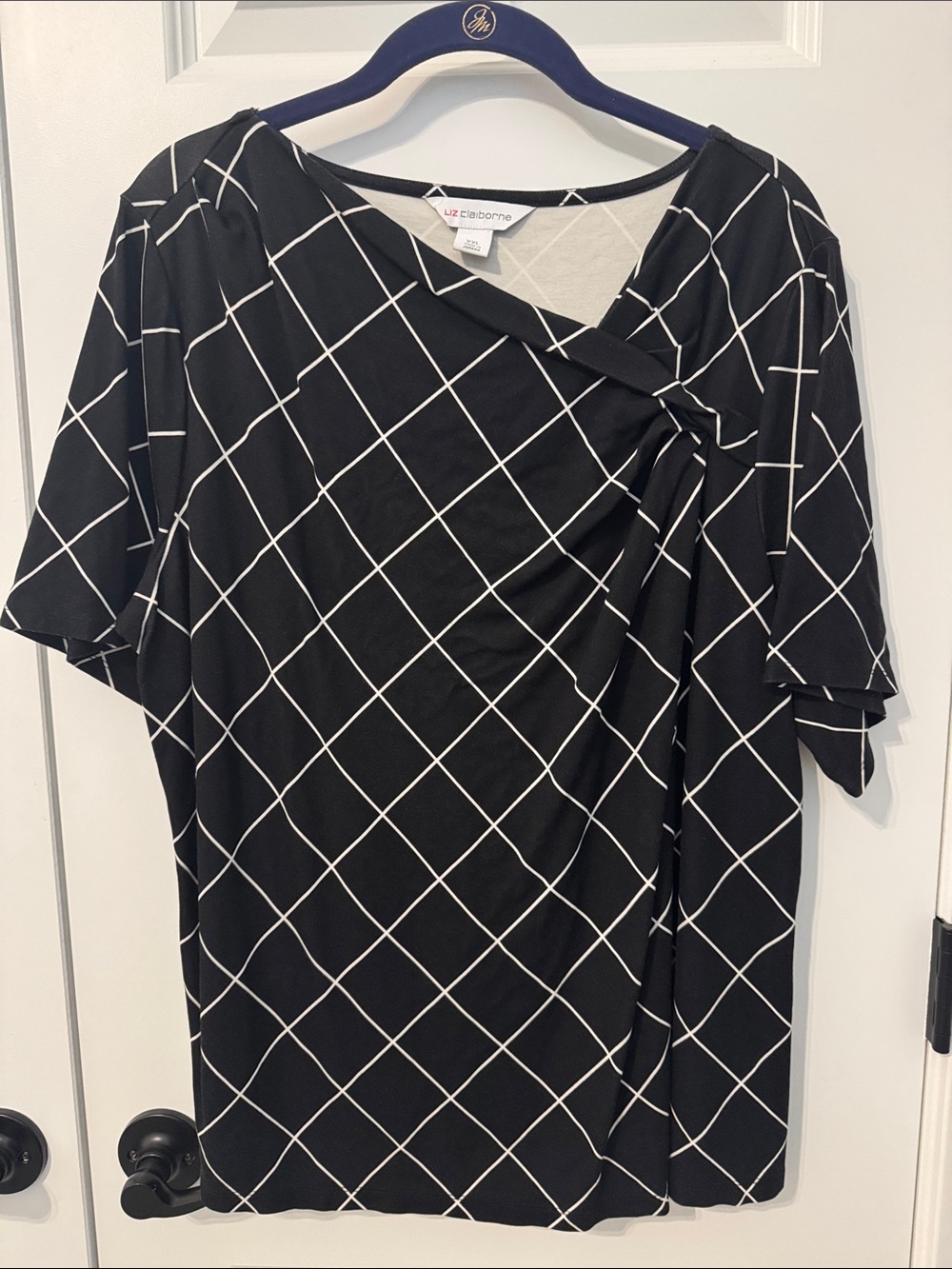 Liz Claiborne Black & White Windowpane Ponte Knit Asymmetric Top